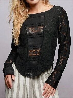 NWOT - POL - Black Lace Panel Long-Sleeve Women's Top